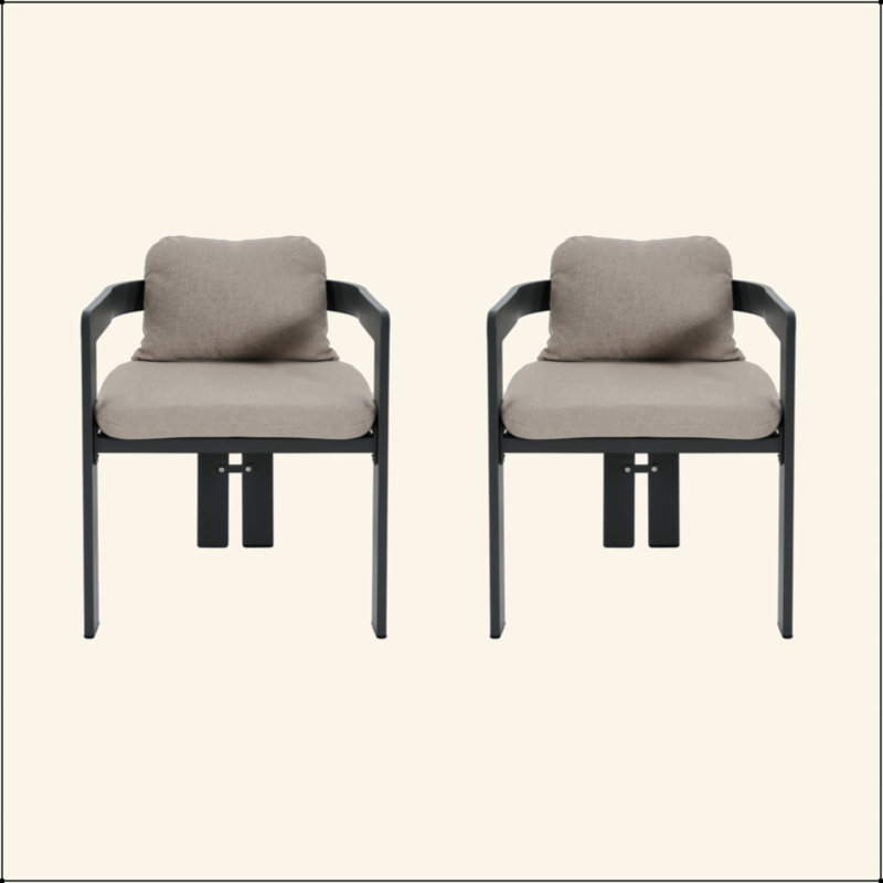 Chaise de patio d'extérieur en aluminium, ensemble de 2, finition noire avec coussin beige
