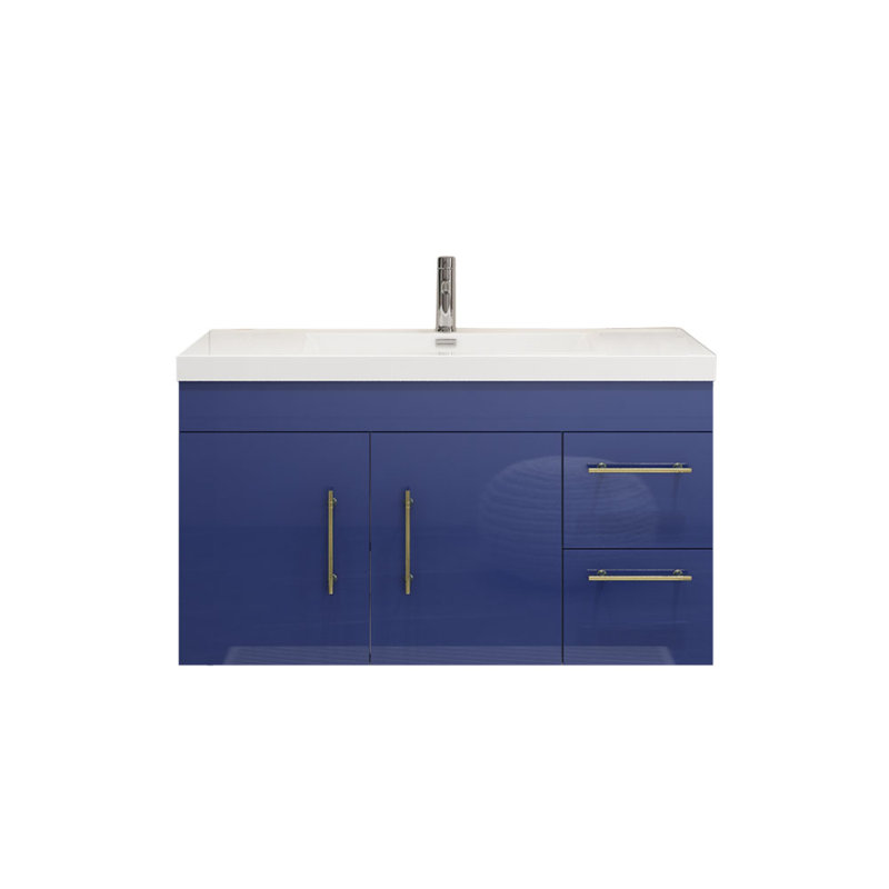 Ensemble de meuble-lavabo simple mural de 42 po Carliss, Bleu nuit, Argent