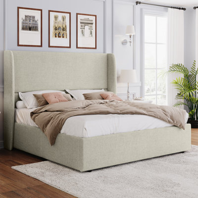 Upholstered Lift-Up StorageBed with Wingback Headboard,Queen,Khaki