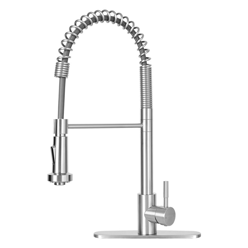 Pre-Rinse Spring Kitchen Faucet with Sprayer, Dual Spray Mode Commercial Kitchen Sink Faucets, Single Handle 304 Stainless Steel, Includes Deck Plate, Fits 1-Hole or 3-Hole Sinks, Brushed Nickel