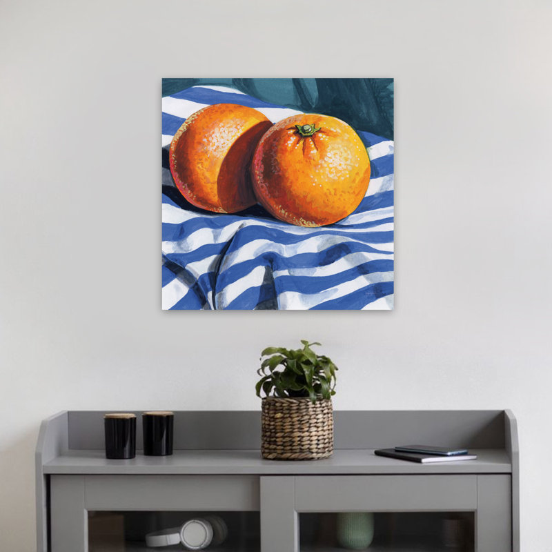 Oranges sur toile rayée, art contemporain, H 18 po x l 18 po