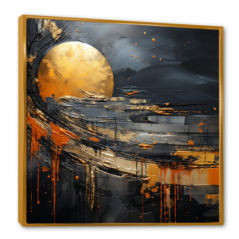 Marbre noir et orange lune II - décoration murale abstraite, H 36 po x l 36 po x P 1,5 po, Cadre flottant doré