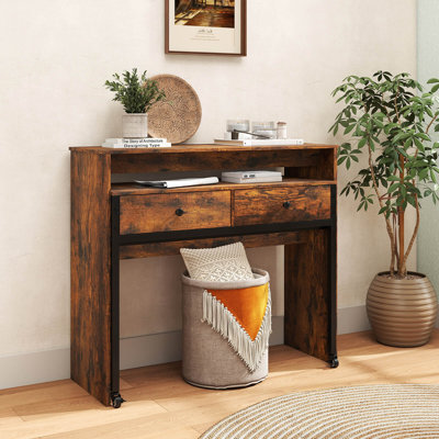 39.5" Expandable Rolling Computer Desk with Monitor Shelf 2-tier Desktop 2 Drawers