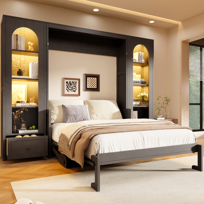 Murphy Bed With Drawers And Led, Gray