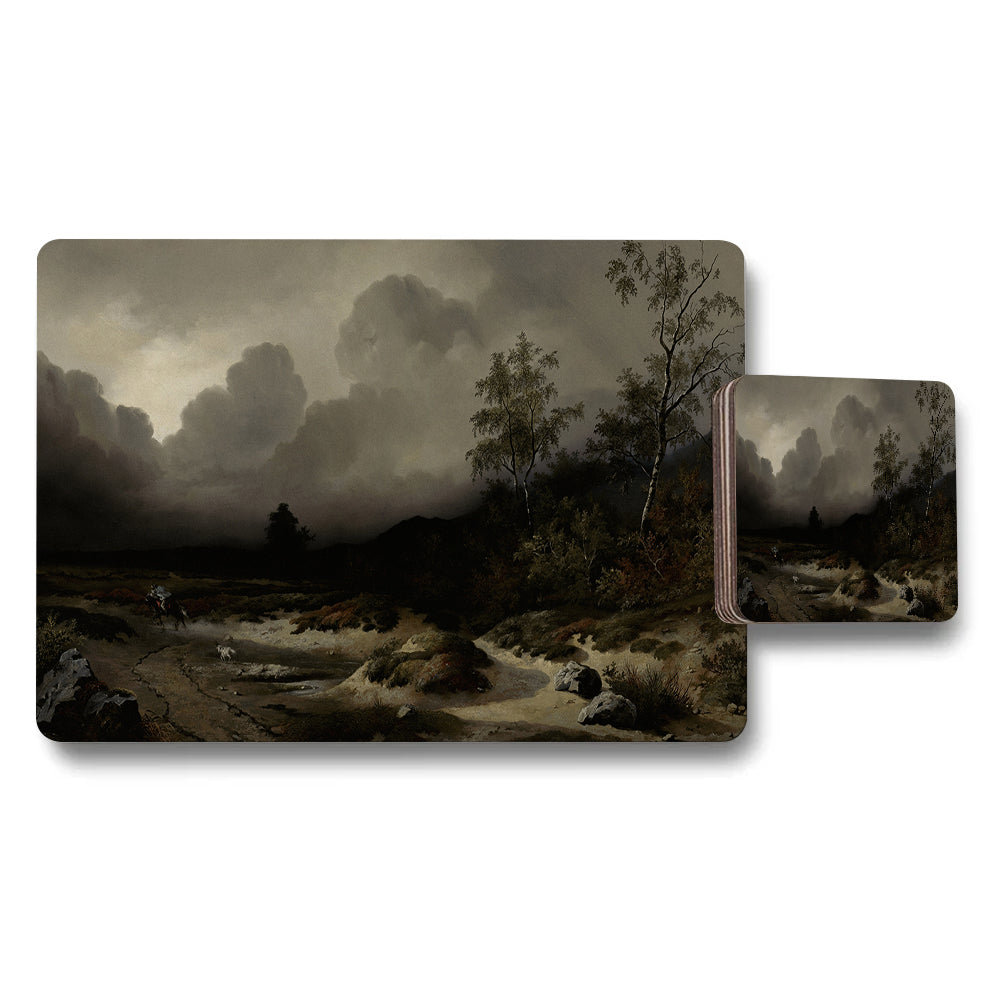 Romantic Landscape Placemats And Coaster Set With Stormy Sky Artwork