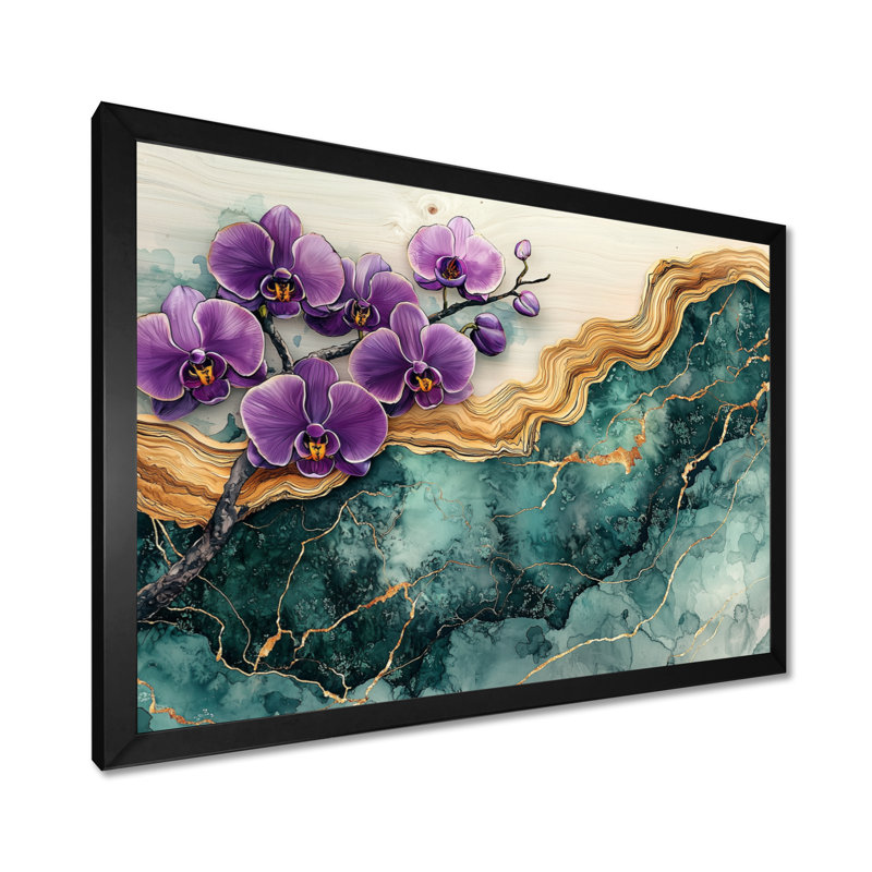 Lavande orchidées fleurs sur émeraude géode IV - art mural orchidée, H 12 po x l 20 po, Noir, noir, noir, noir
