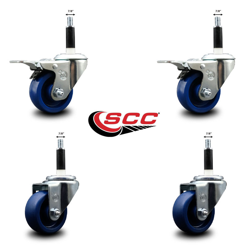 Solid Poly Swivel 7/8 Inch Expanding Stem Caster Set 2 Total Lock Brakes