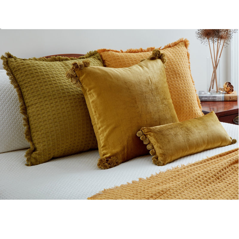Mustard Velvet Rectangular Lumbar Pillow with Pom Pom Trim