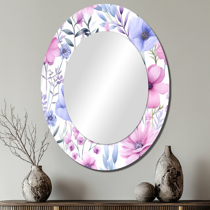 Pétunia rose et bleu sur fond blanc III - Grand miroir mural ovale sur métal, 40 po x 30 po