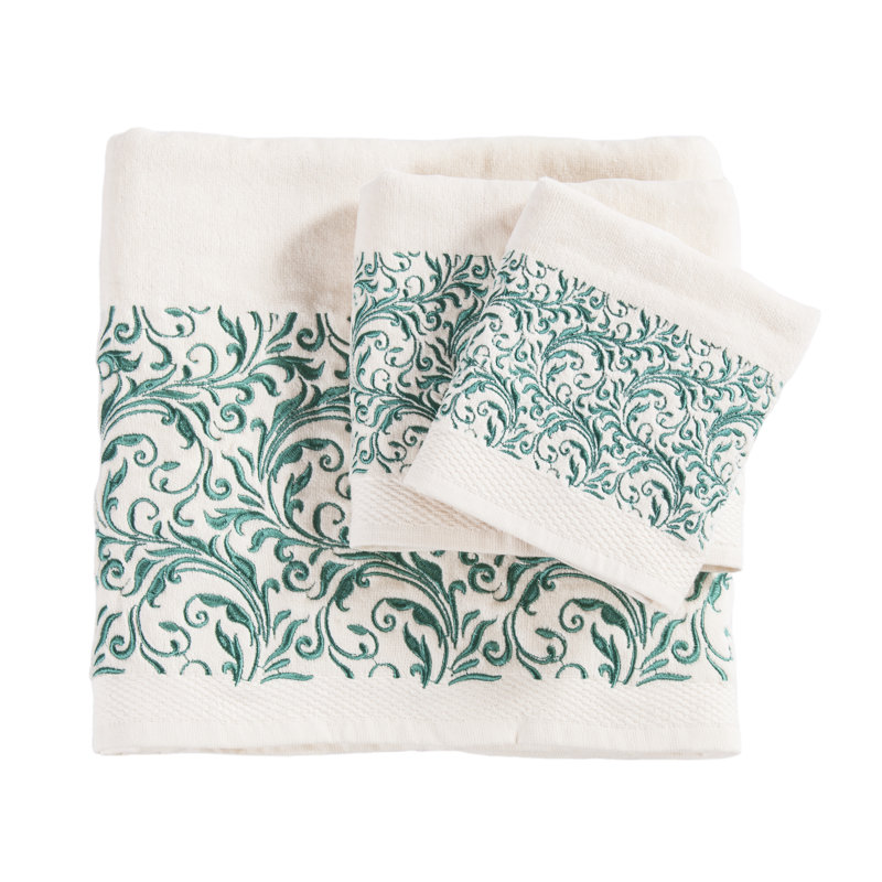 Wyatt Embroidered Scroll Pattern Southwestern Style 3 Piece Towel Set, Cream