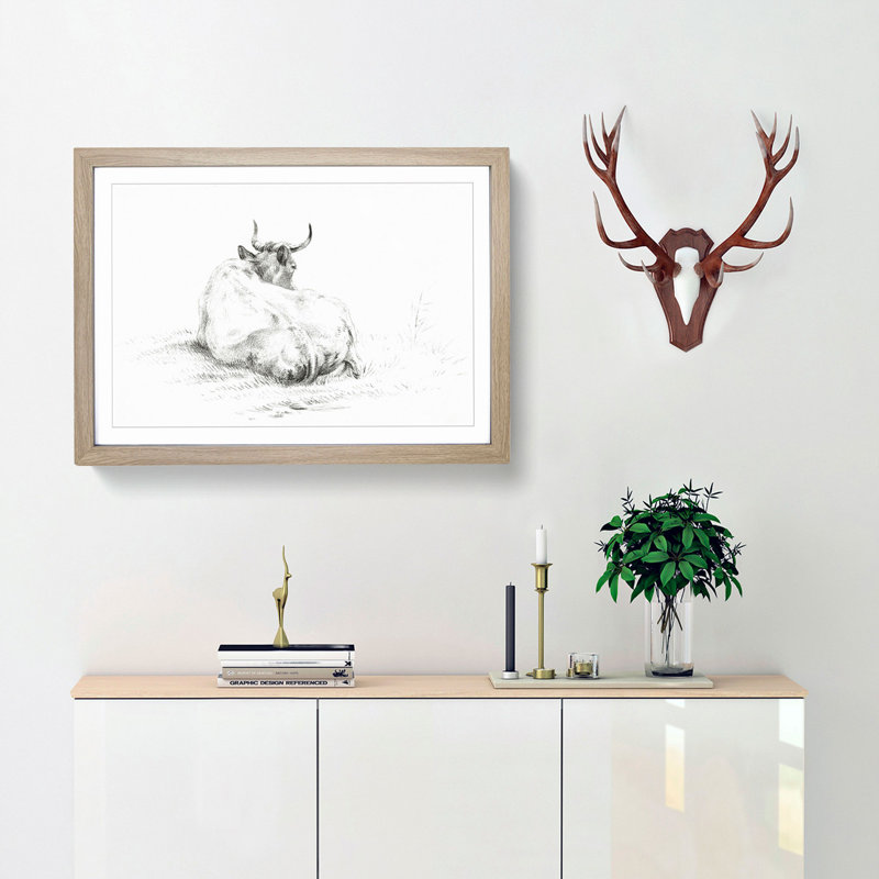 Rear of a Lying Cow by Jean Bernard - Picture Frame Drawing Print, 27cm H x 36cm W x 2cm D, Oak Framed