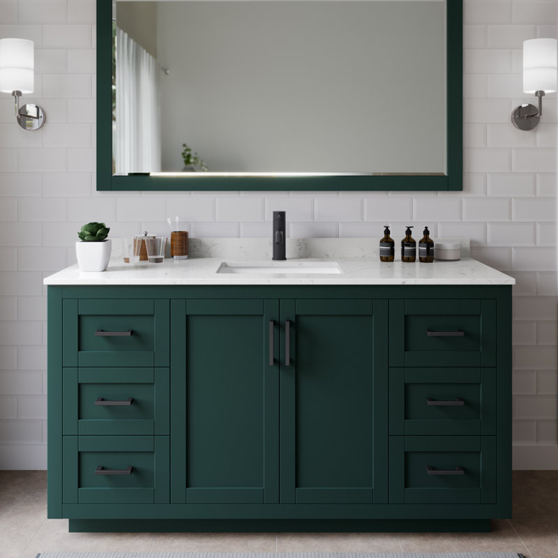 Miranda 60" Freestanding Single Bathroom Vanity with Cultured Marble Top, Matte Black, Carrara Cultured Marble, Green