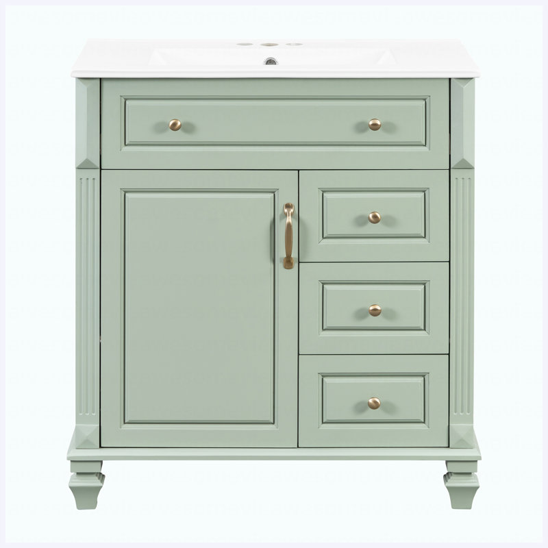 Meuble-lavabo autoportant de 30 po avec lavabo en céramique, tiroir escamotable, 3 tiroirs et armoire de rangement, bois massif et panneau de fibres à densité moyenne, vert