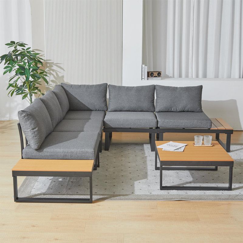 Ireona 5 - Person Modular Patio Conversation Set with Cushions, Black/Brown Natural Wood, Dark Gray