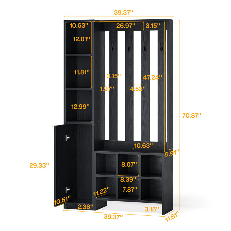 Cloison 70 po x 70,87 po avec banc et portemanteau, cloison autoportante en bois, noir