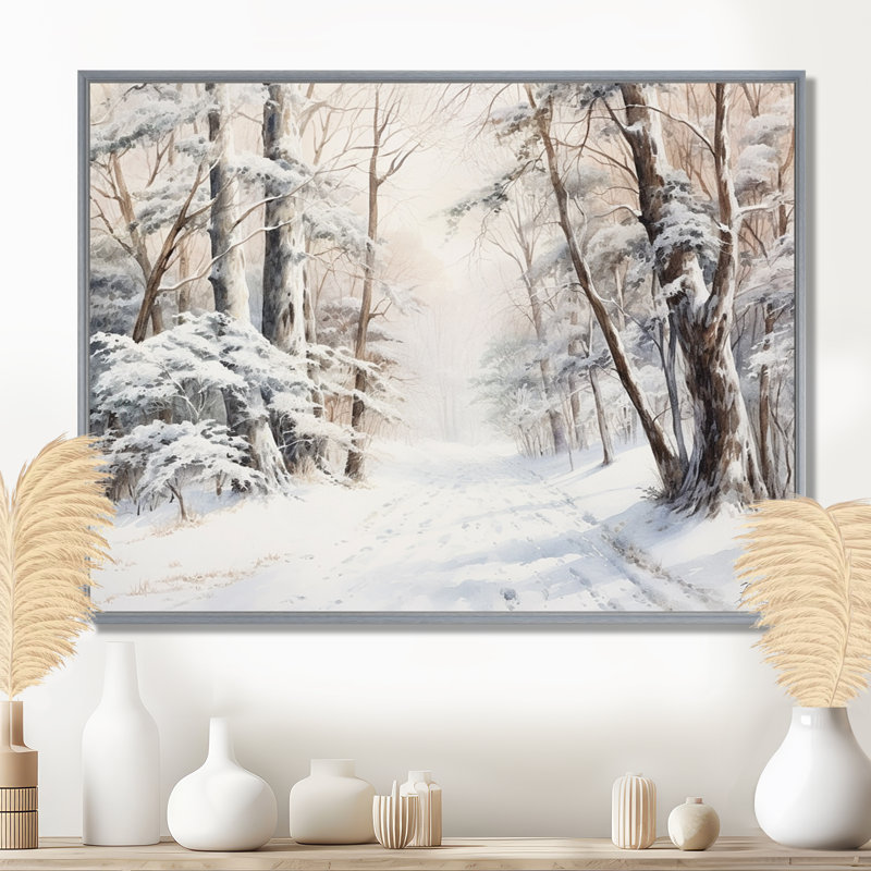 Hiver, forêt, charme de neige, paysage - neige, art mural, H 34 po x l 44 po x P 1,5 po, Encadrement argenté