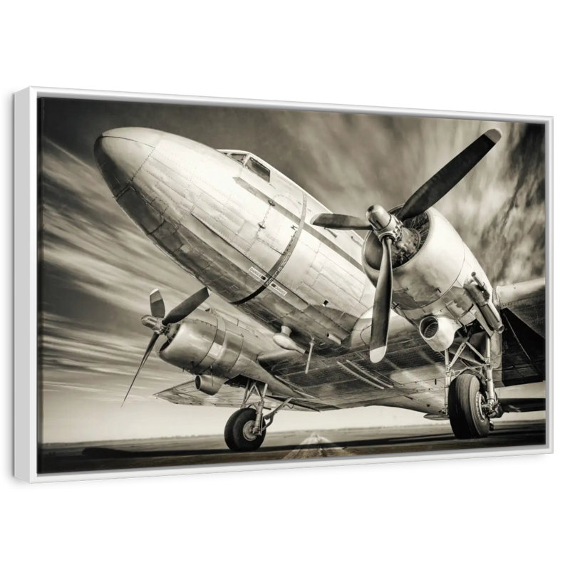 Avion rétro monochrome, Cadre flottant blanc, 13 po x 9 po