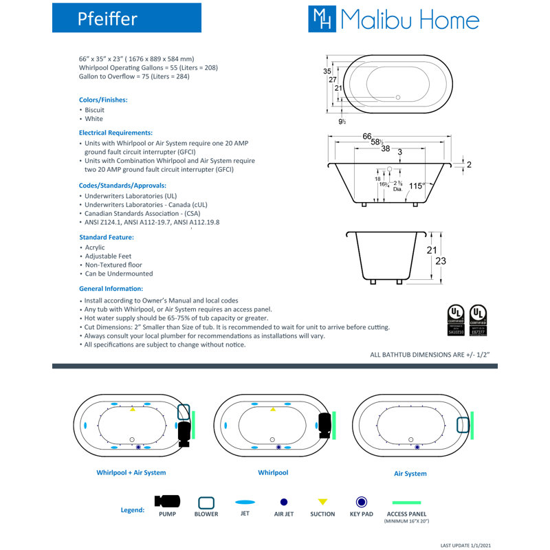 Pfeiffer 66" x 35" Drop In Air Acrylic Bathtub, White