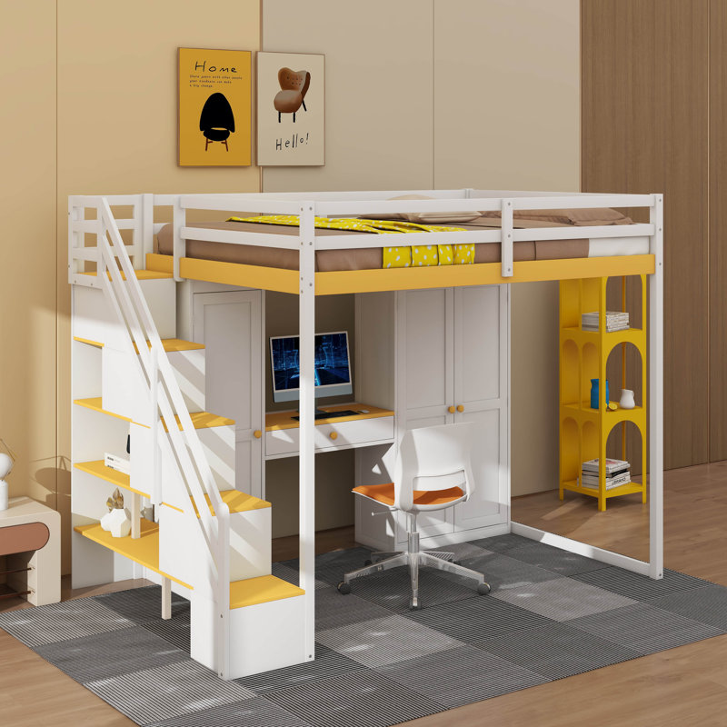 Full Size Loft Bed With Storage Staircase,Built-In Dressing Table With Mirror And Drawer, Wardrobe & Cabinets, USB Charging Ports And Lights