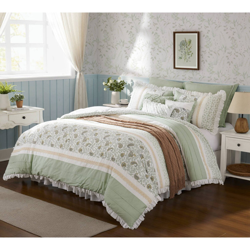 Ensemble de literie en coton de qualité supérieure, vert sauge, style maison de campagne, confort toutes saisons