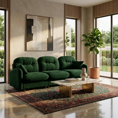 Canapé de réception 107 po 3 places en chenille douce avec dossier capitonné, coussins ergonomiques et base en bois, vert