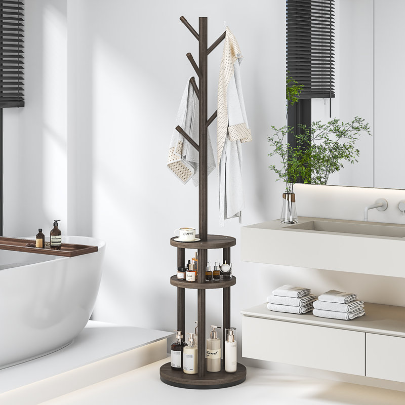 Freestanding Coat Rack, Wood Rotary Coat Hall Tree Stand With 3 Tiers Storage Display Shelf And 6 Hanging Handles For Entryway Bedroom Corner Office Garment Clothes Holder