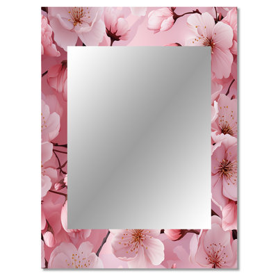 Adji Pink Sakura Blossoms Floral - Japanese  Mirror, Oriental Unique Wall Mirror, Printed Metal Art