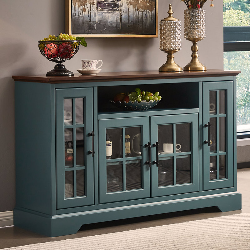 Buffet Table Sideboard with 4 Tempered Glass Doors – Adjustable Shelves & Cable Management for Living Room, and Kitchen