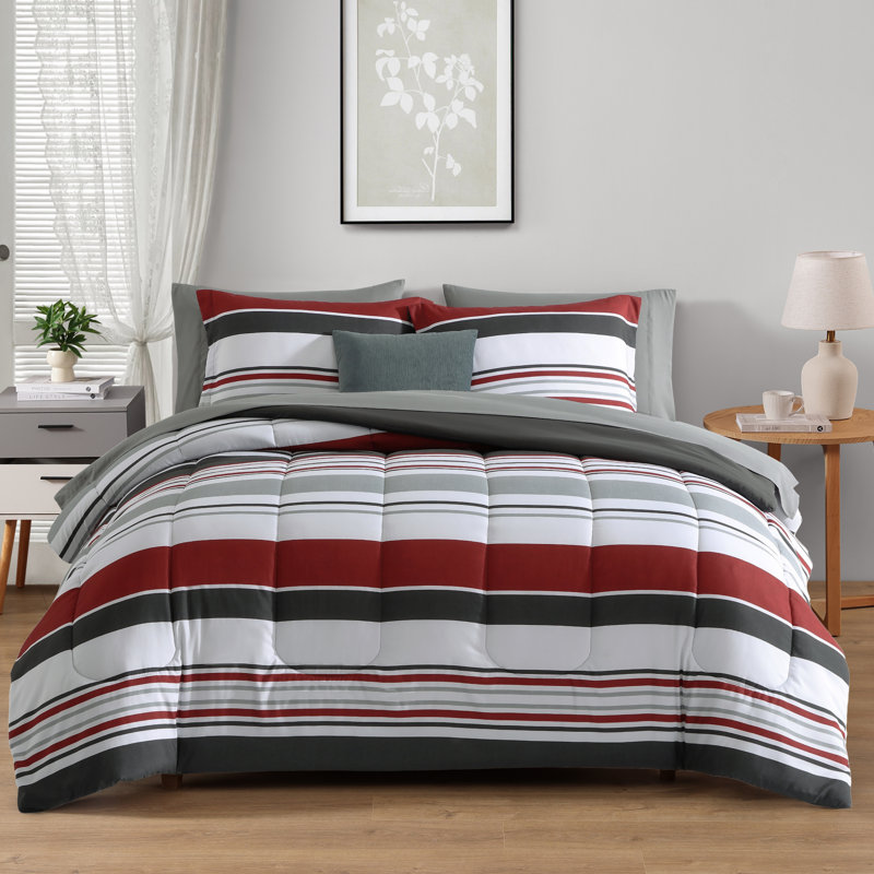 Ensemble d'édredon pour lit double Monbix - Ensemble de lit dans un sac 7 pièces, ensemble de literie à rayures rouges et noires, ensemble de lit d'édredon toutes saisons avec draps, taies d'oreiller et taies décoratives