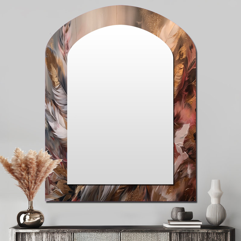 Plume dorée Wanderlust VI - miroir décoratif asymétrique en plumes Glam, miroir mural arche moderne, impression d'art en métal