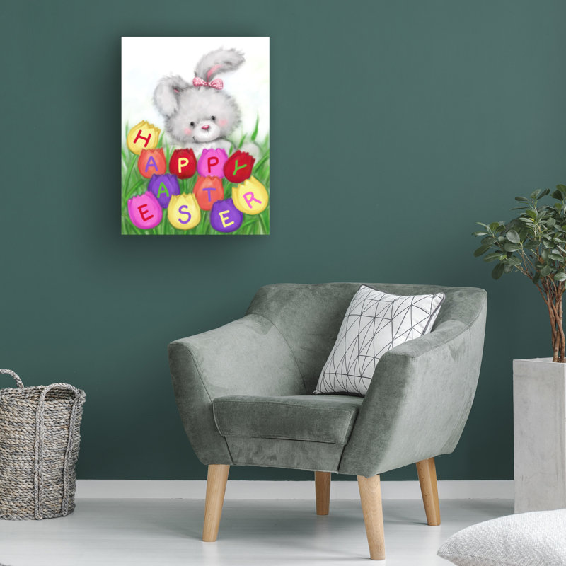 Art sur toile, lapin de Pâques avec tulipes, H 14 po x l 19 po