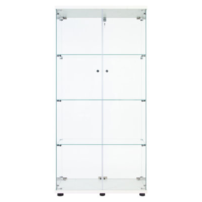 Led Strip Lighted 4-Shelf Glass Showcase, 12 Color Selections, Remote, 65.15H X 32.62L 14.51W, Battery Powered, Tempered Glass, Solid Wood Containers Options, Doors
