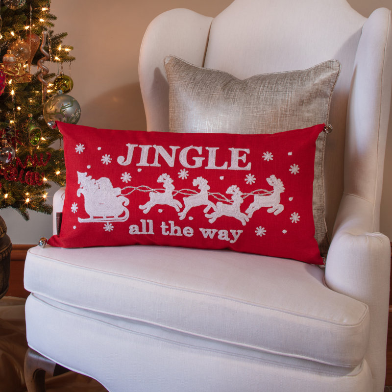 Red Embroidered Christmas Lumbar Pillow Cover with Jingle Bells