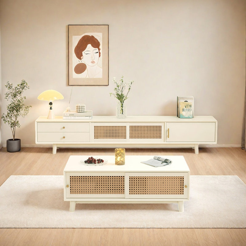 Meuble télé et table basse en hévéa, Crème, crème