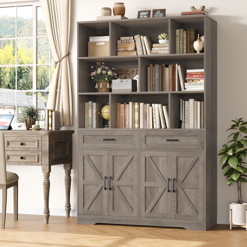 71'' H Bookcase With 2 Drawers, Rustic Grey