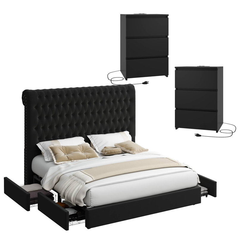 Ensemble de chambre à coucher 3 pièces, grand lit capitonné en velours, Grand, Noir