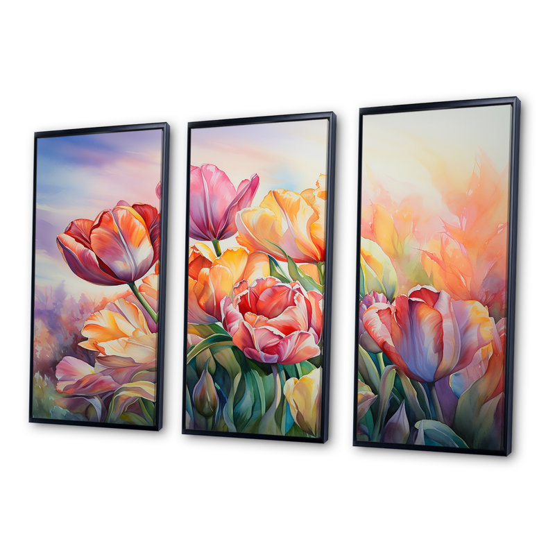 Tulipes coucher de soleil II - ensemble d'art mural tulipes, Cadre flottant noir, H 32 po x l 48 po x P 1 po
