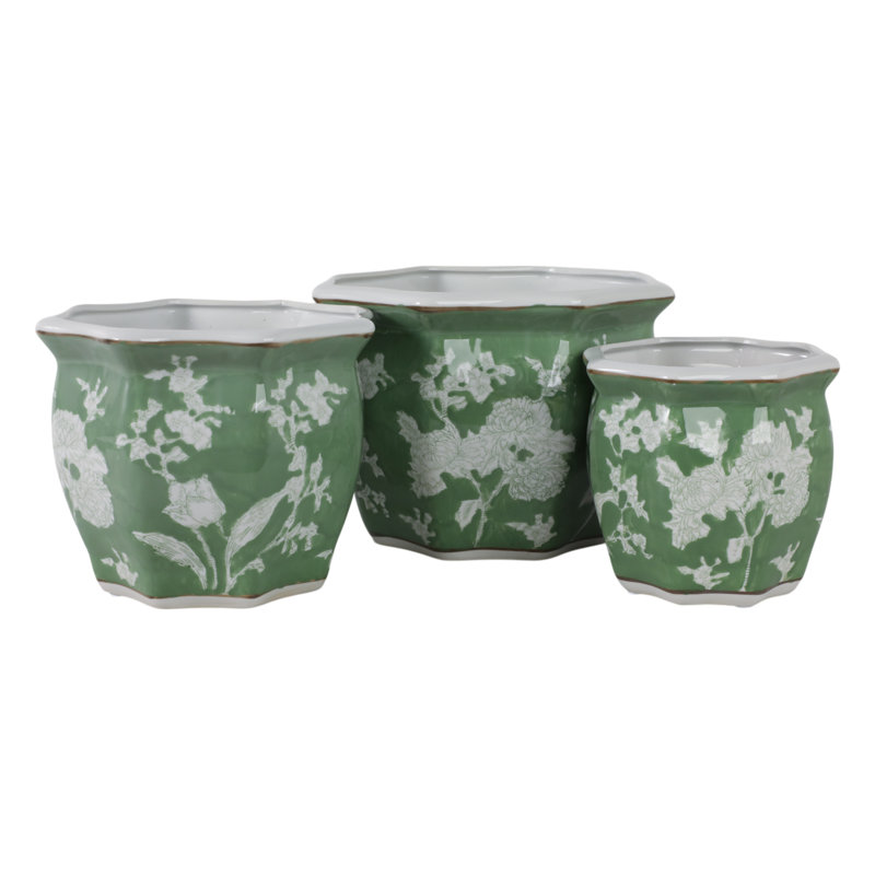 Ceramic Planters Floral Pattern Indoor Outdoor Decorative Garden Pots For Home And Garden Display Use Set Of 3 - 9", 8", 7" Green