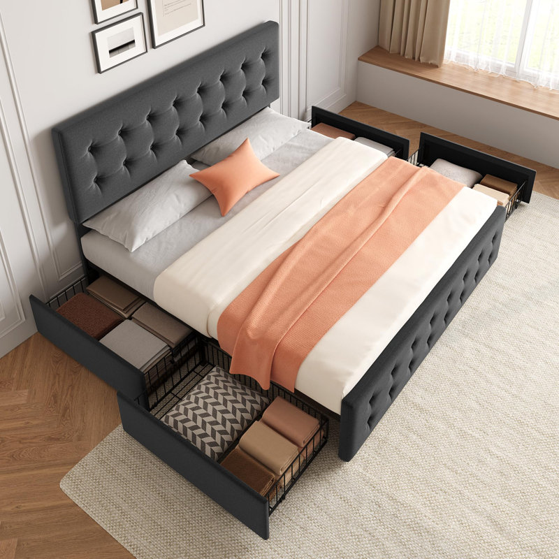Bed Frame With Adjustable Headboard And 4 Storage Drawers, Dark Grey, King