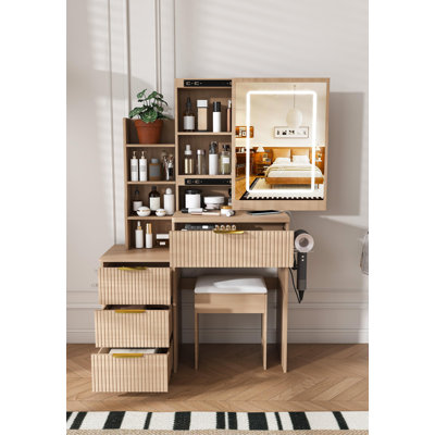 Modern Vanity Desk Featuring 3 Modes Of LED Lighting With Adjustable Brightness, 4 Drawers, Multiple Open Storage Shelves, A Hair Dryer Holder, A Power Socket, And A Dressing Chair.