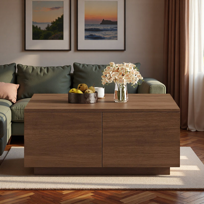 Table basse moderne carrée avec 4 tiroirs, Noyer