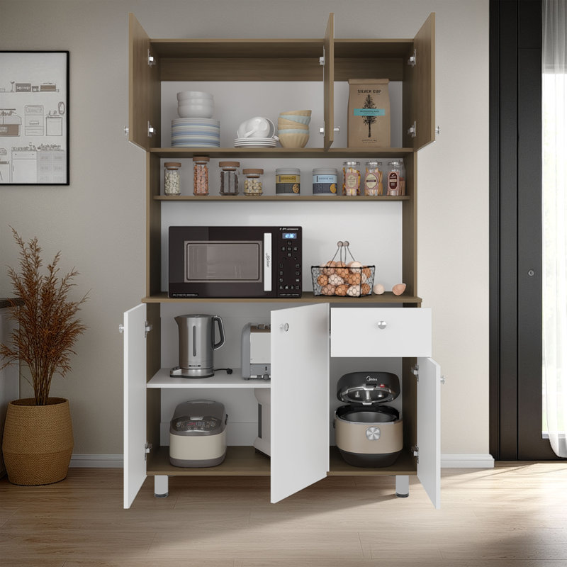 Armoire de cuisine à micro-ondes à 6 portes avec 1 tiroir et 6 compartiments de rangement intérieurs, un comptoir ouvert spacieux et une tablette supérieure ouverte Wilson
