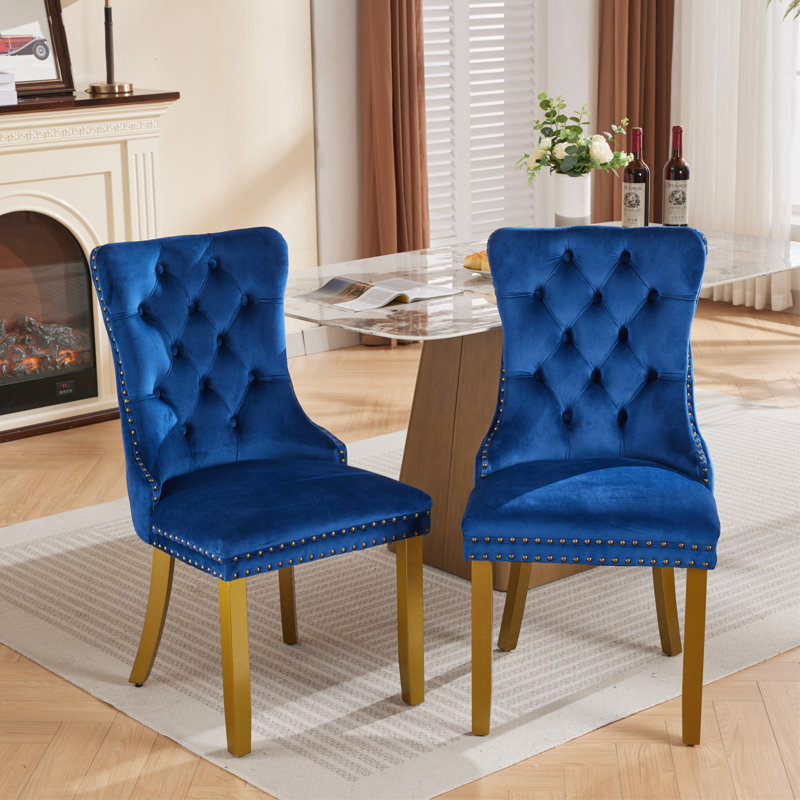 Chaises capitonnées Allena , Doré, Velours bleu marine, 2