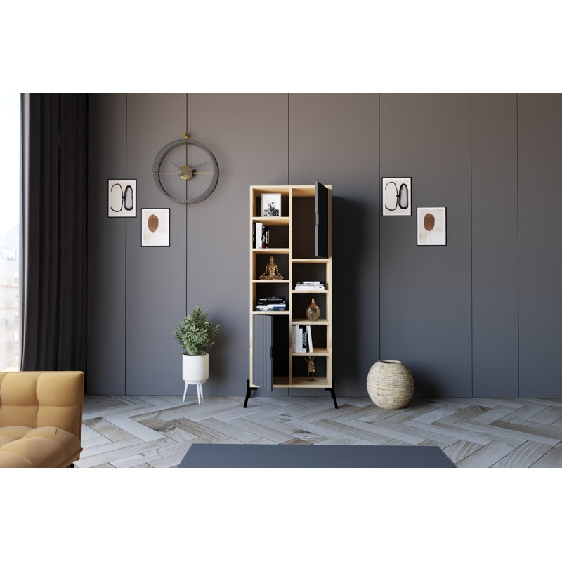Bibliothèque saphir avec accents anthracite 58,0 x 63,0 x 11,8 pouces | 100% panneau de particules enduit de mélamine, pieds en fer, plusieurs tablettes de rangement | Design industriel moderne, décoration intérieure durable et élégante