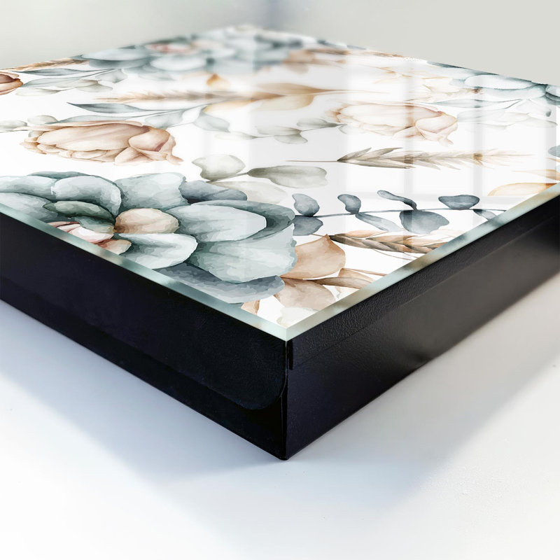 Key cabinet for wall, Opens to the left, 30x30x5, Black, A plant pattern in soft colors, 