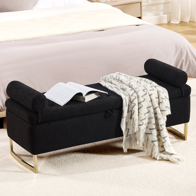 Banc de rangement en molleton Teddy avec pieds dorés, Noir