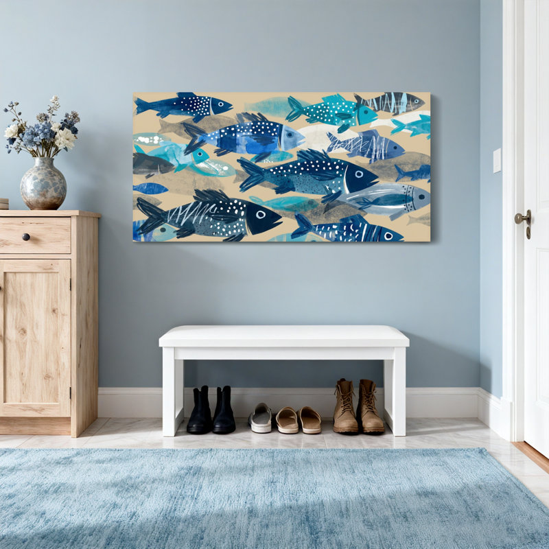 Animaux, motif de poisson bleu sur fond beige, H 28 po x l 58 po