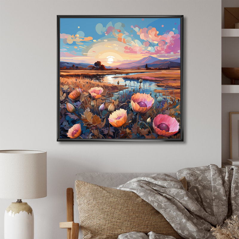 «Thistle Flower Field Sunset» sur toile, H 24 po x l 24 po x P 1 po, Cadre flottant noir