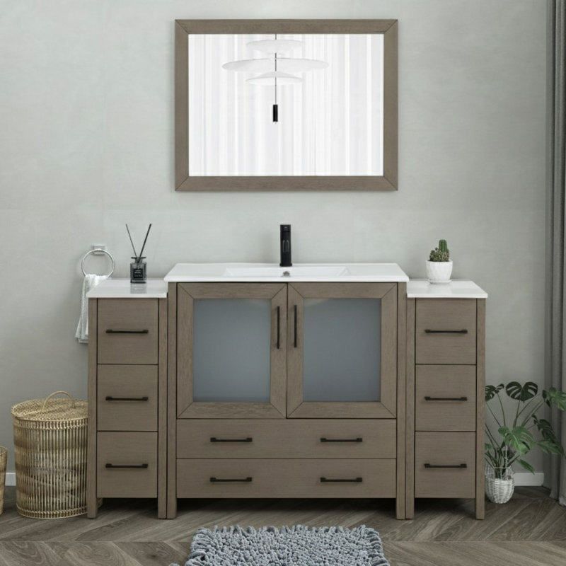 Brescia 60" Single Sink Freestanding Bathroom Vanity with Ceramic Top and Matching Mirror, Driftwood Gray/Matte Black