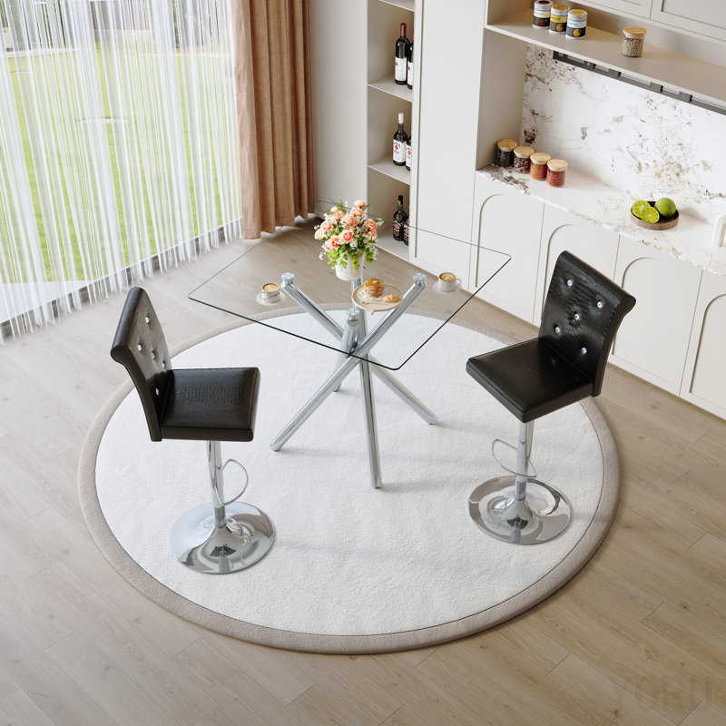 Ensemble de 2 tables de bar modernes en verre et tabourets de bar réglables, table de pub contemporaine à hauteur de comptoir avec pieds chromés, chaises de bar pivotantes en cuir noir pour îlot de cuisine, bar personnel